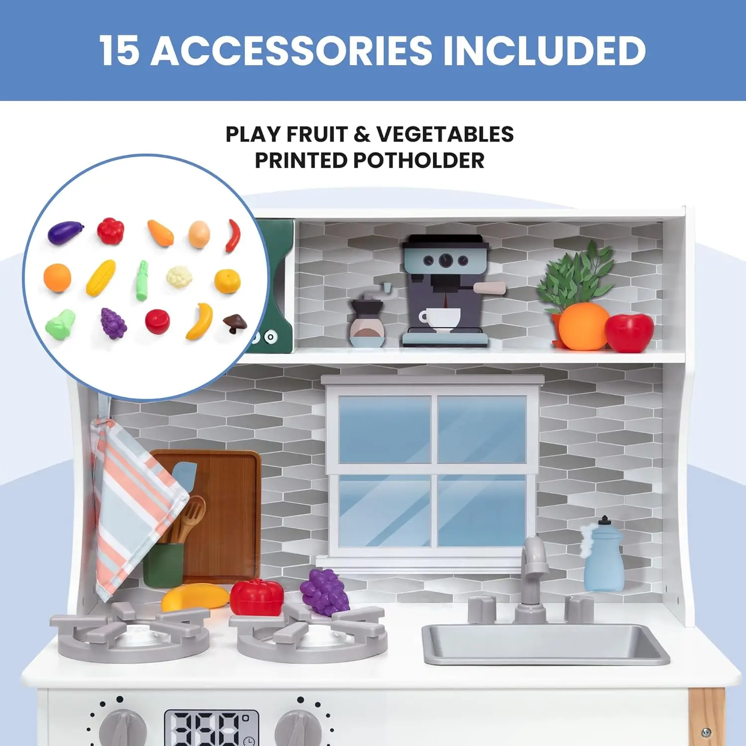 Tiny Chef Play Kitchen - Toy Kitchen Playset with Realistic Knobs That Turn/Click, Oven, Sink, Microwave and 15 Pieces of Play F