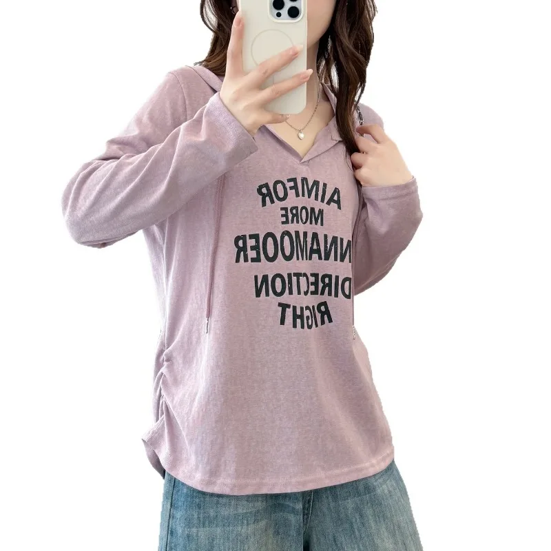 Women Hooded Long Sleeve T Shirt Letter Print Side Ruched Hide Belly Spring Casual Slim Top