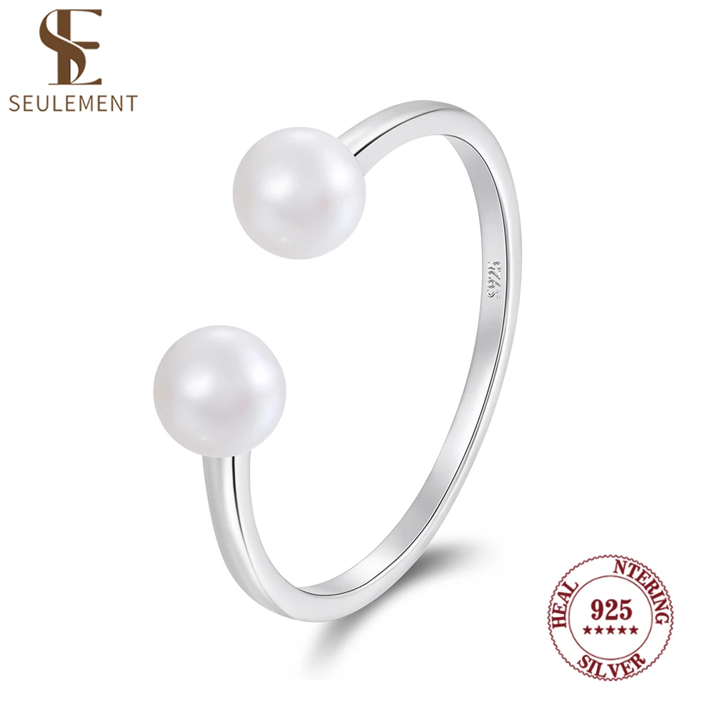 Seulement S925 Sterling Silver Open Ring with Two Round White Freshwater Pearls Minimalist Finger Ring for Women Adjustable Size
