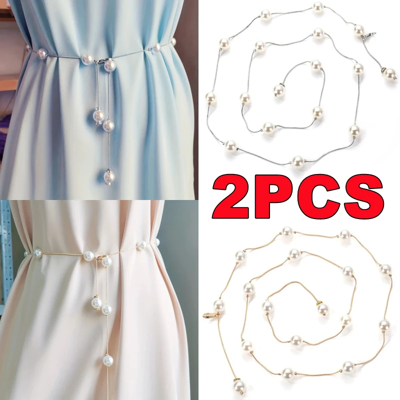 2/1PC Elegant Pearl Women\'s Belt Simple Adjustable Metal Thin Chain Belt For Ladies Dress Skinny Waistband Decorative Jewelry