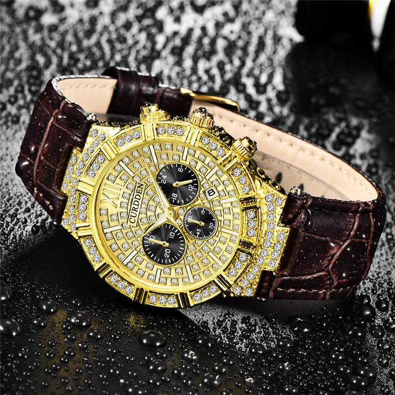Men Original CURDDEN Brand Watches Students Fashion Leather Band Diamond Gold Date Quartz Wrist Watch Relogios Masculinos 2025