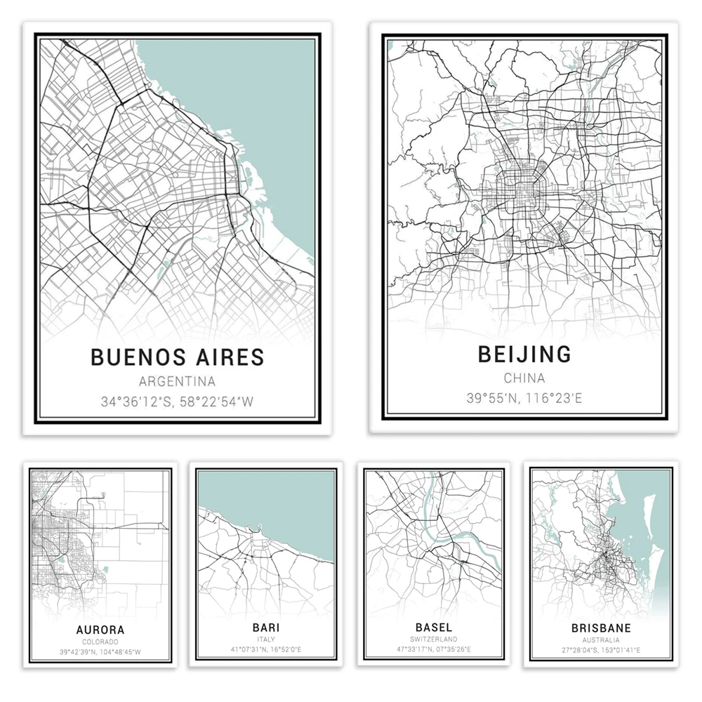 Budapest, Buenos Aires, Bucharest, Bristol, Bremen, Aurora City, Netherlands, Bologna, Bern, Belfast, Basel, Italy map poster