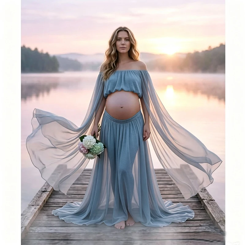 Vestido de Maternidad Boho de Gasa para Sesión de Fotos, Conjunto de Dos Piezas con Capa, Traje Fluido para Embarazo, Falda Maxi
