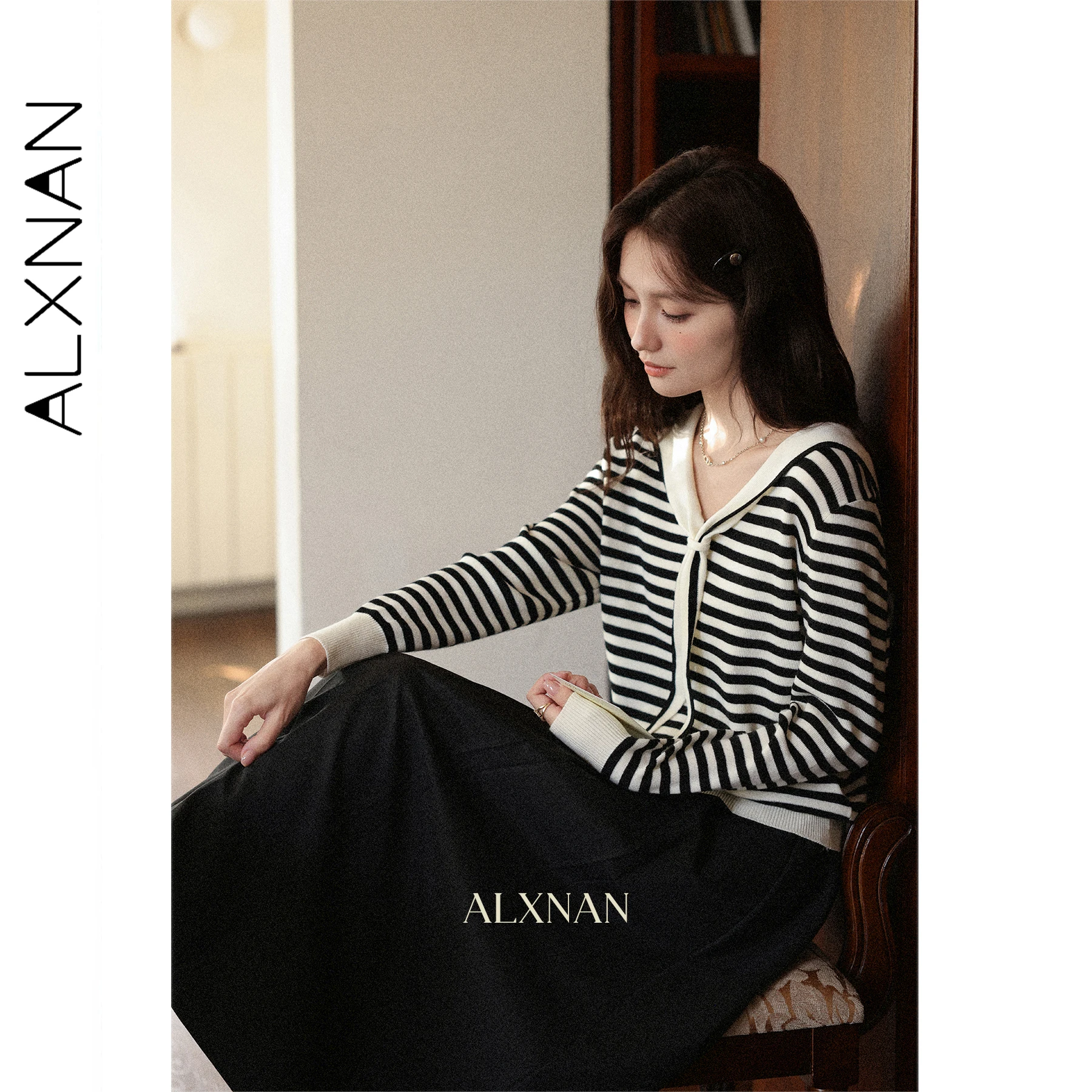 ALXNAN темно-синий полосатый свитер с воротником, женские осенние шерстяные элегантные пуловеры с длинными рукавами, 2025 г., повседневные свободные женские топы L57252