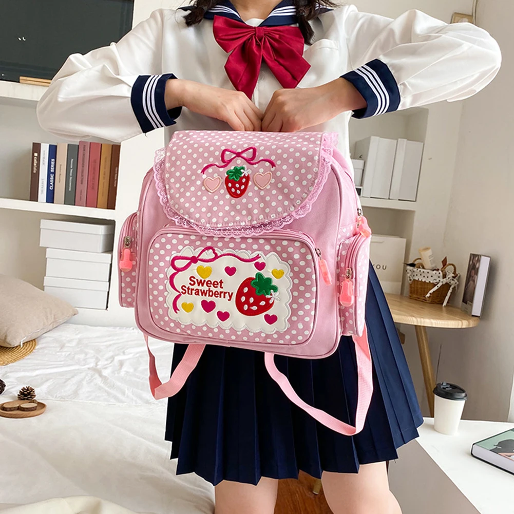 Bolsa escolar Kawaii para crianças, Kawaii, fofo, bordado de morango, mochila ao ar livre, pontos, bolso múltiplo, moda de nylon, faculdade para adolescente