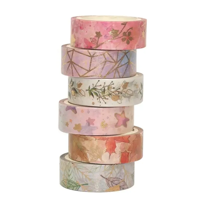 6 Pcs/Set Flower Plant Masking Tape Gold Foil Washi  Decorative Adhesive  Sticker Scrapbooking Diary Planner Stationery