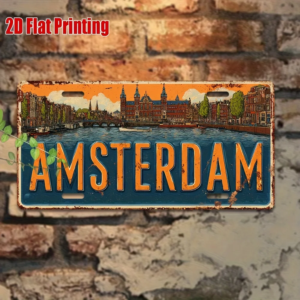 2D Flat - 1 Vintage Amsterdam Metal License Plate Sign | 29.97x14.99 cm Aluminum Wall Decor with Dutch Cityscape Design, Windpro