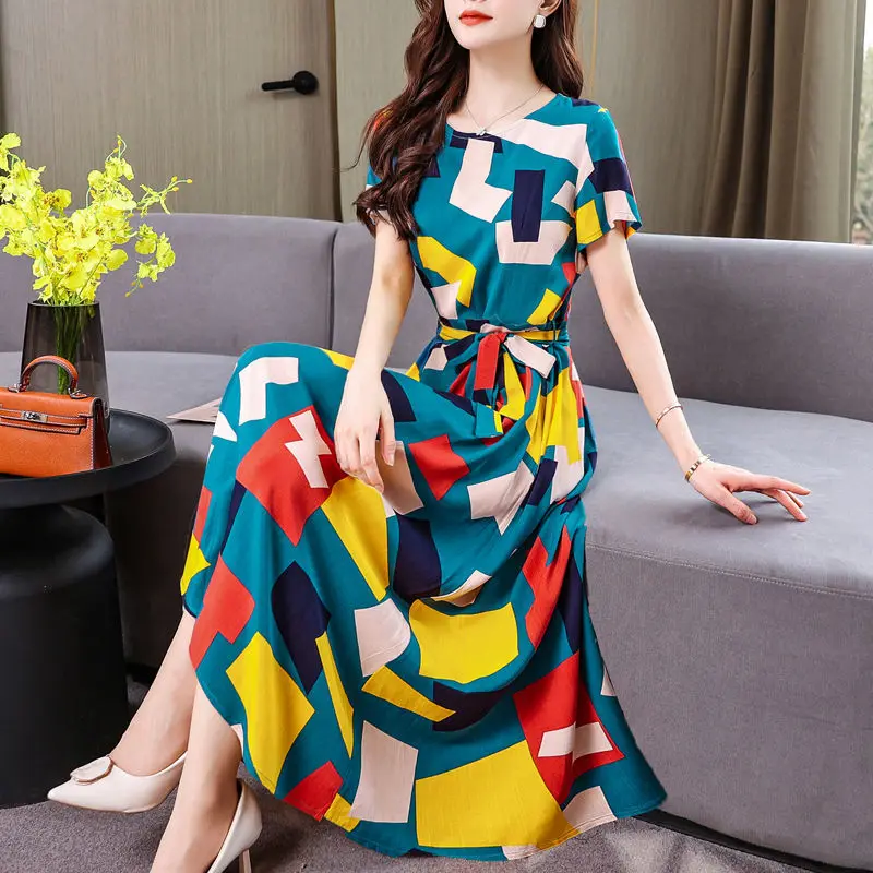 2023 New Summer Fashion Trend Commuting Simple Round Neck Geometric Printing Unique Waist Covering Belly Long Women's Dress