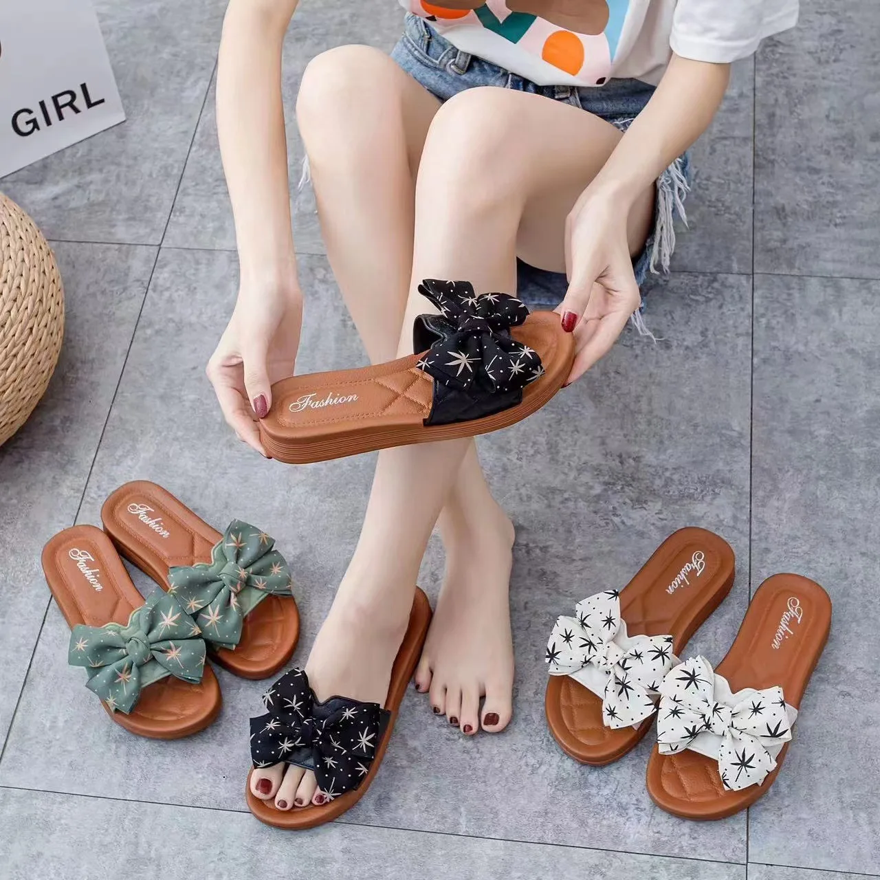 Summer New Slippers For Women Fashionable Bow Cool Mop Indoor Anti Slip Straight Drag Beach Shoes