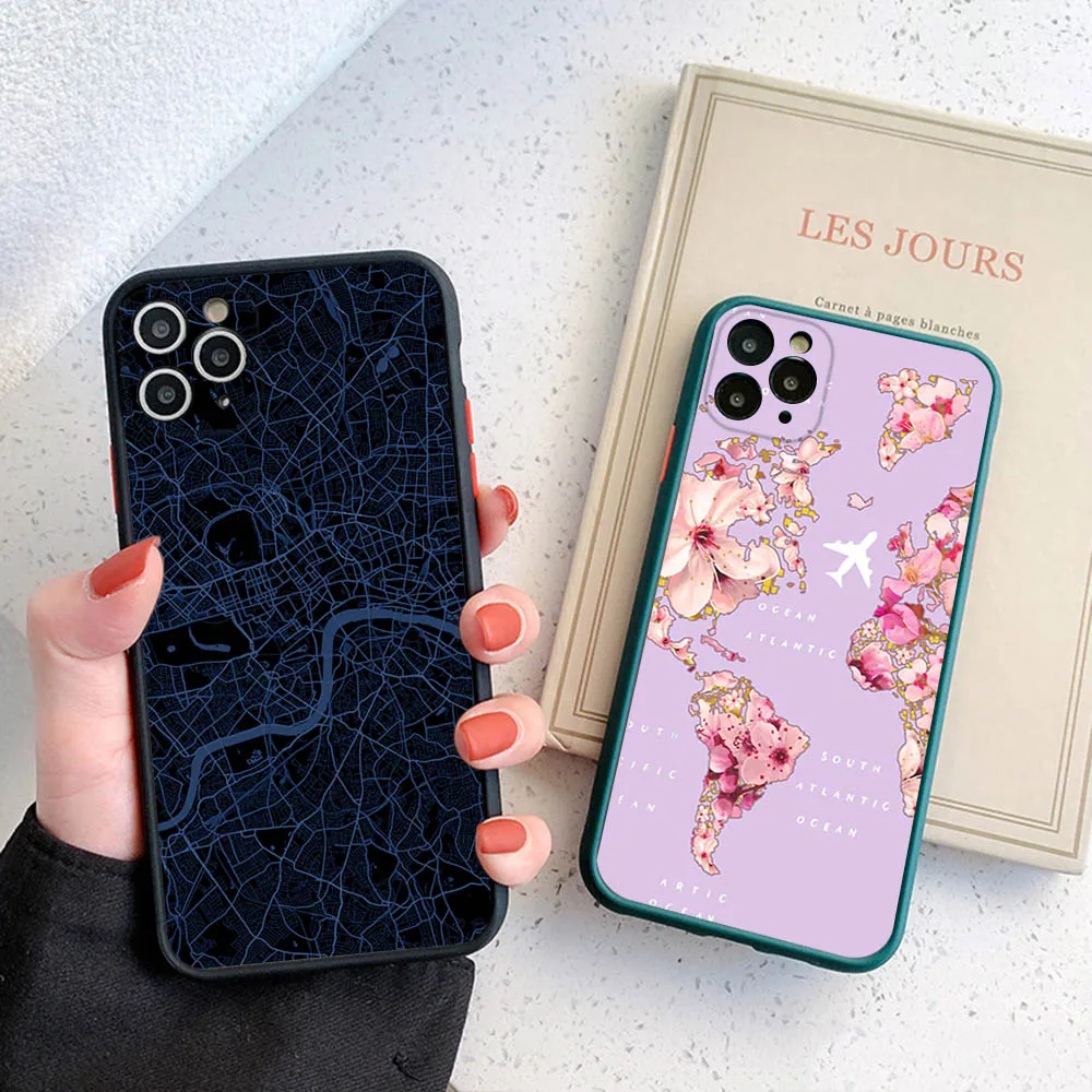 Translucent Phone Case For iPhone 16 15 14 7 8 Plus 13 12 11 Pro Max X XR XS SE Mini Luxury World Map Travel Matte Back Cover