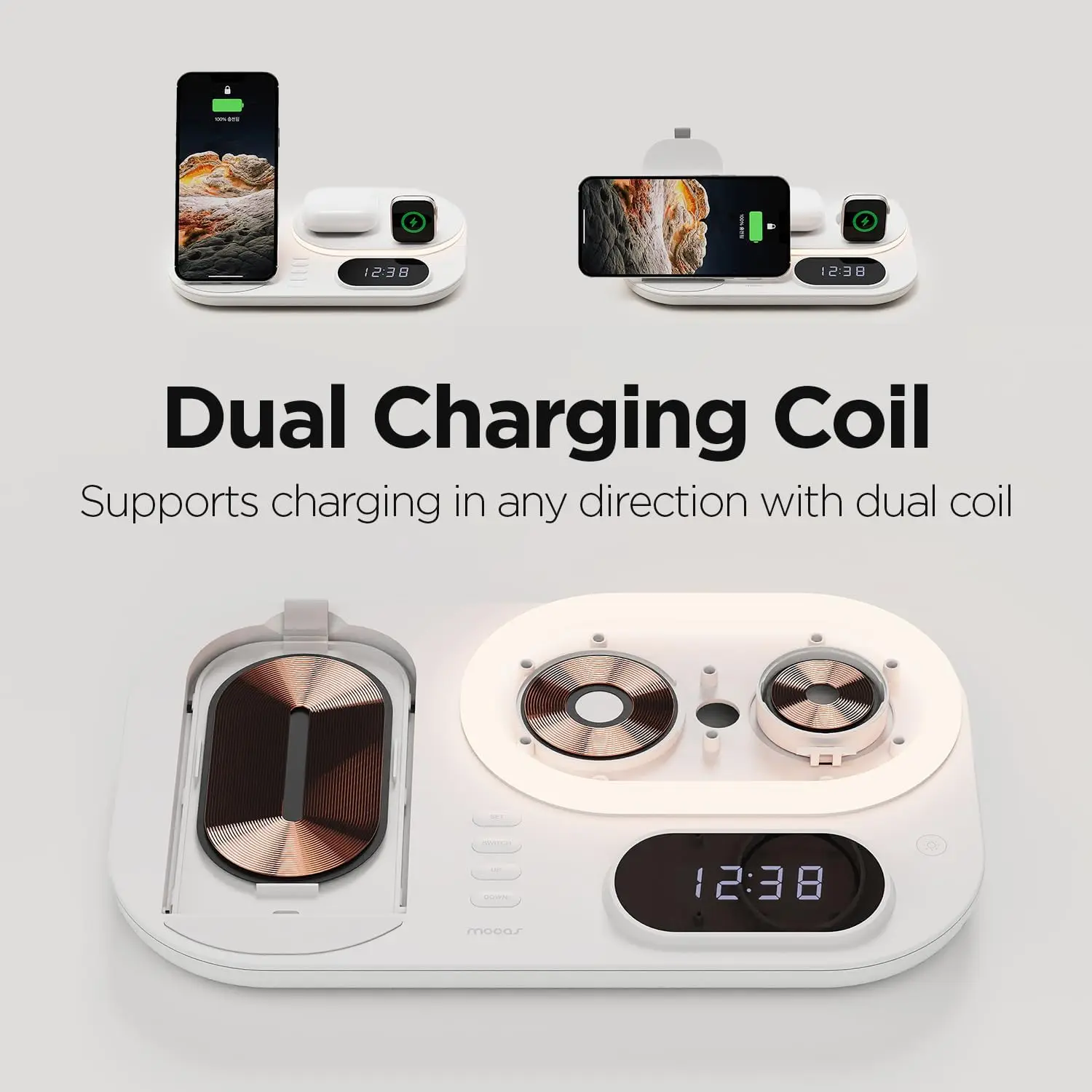 Wireless Charger with Alarm Clock Night Light for iPhone 3 in 1 Fast Charging Station for Apple Watch Charging Stand