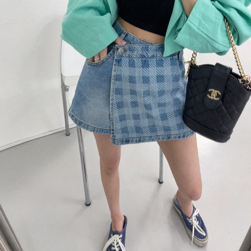 

Retro Washed High Waist Plaid Denim Shorts Women's A-Line Skirt Trendy Summer Casual High Waist Zipper Fly Blue Jeans