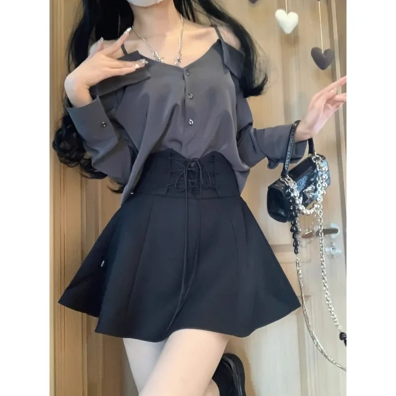 2024 Autunno Dolce Una tracolla Top a maniche lunghe Gonna con lacci Abbigliamento donna Stile coreano Uniforme scolastica Kawaii Jk Suit