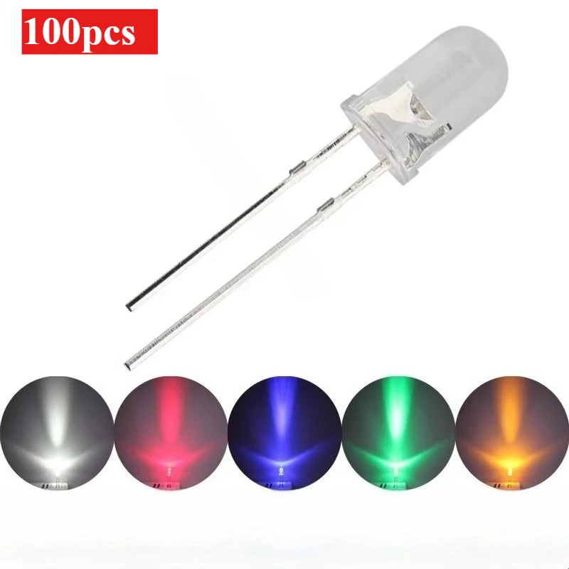 100pcs 5V 5mm Round LED Diodes 30 Degree 3-5V White Red Blue Green Yellow for Indicator Through Hole