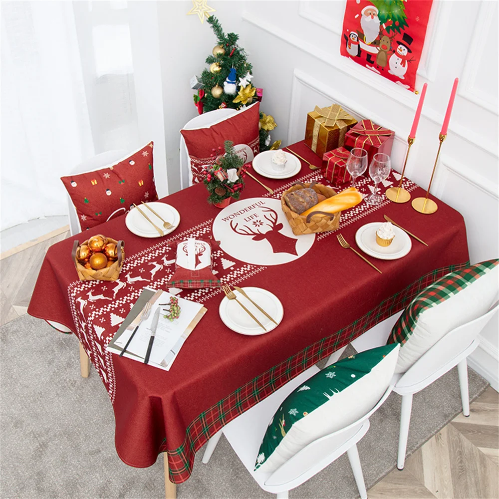 Santa Pine table cloth Red elk plaid table cloth Christmas party table cloth end table tablecloth New Year holiday decorations