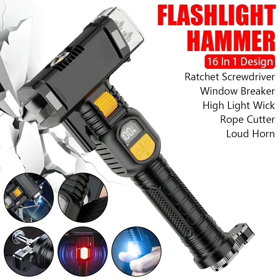 

Super Bright Led Flashlight Safety Hammer with Strong Magnet TypeC Rechargeable Emergency Self-Rescue Torch with Beeping Alarm
