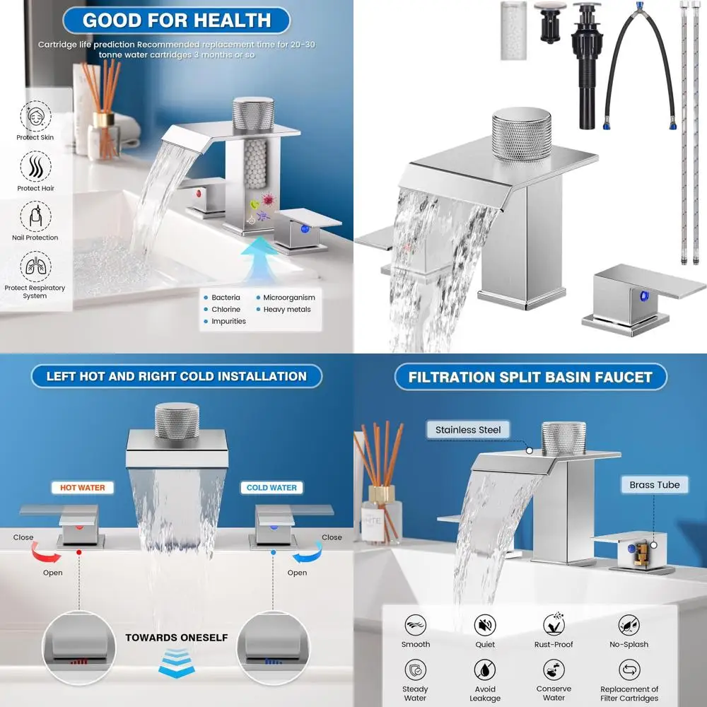 

8 Widespread Brushed Nickel Waterfall Faucet with Filter, Pop-Up Drain & Hoses for Bathroom Vanity, Restroom, and RV Sinks