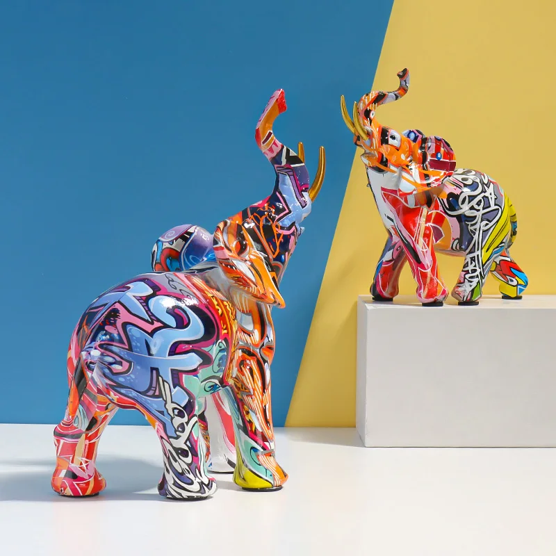 Water Transfer Printing Elephant Sculpture, Resin Animal Craft Ornament for Bedroom, Living Room, Study, and Office Decor