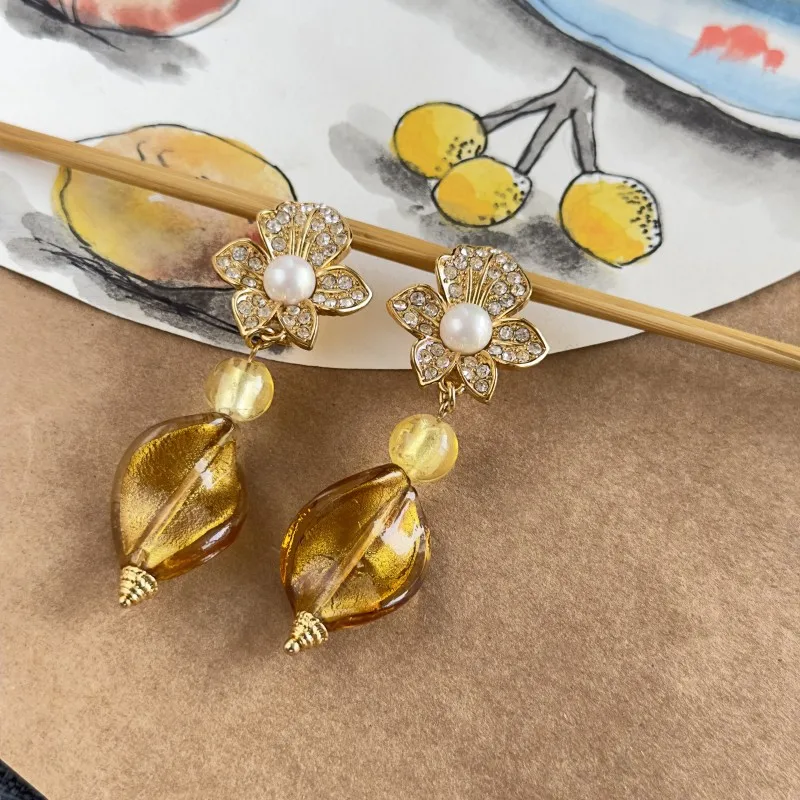 VKVVA مجوهرات الأزياء زهرة اللؤلؤ الليمون الأصفر الأقراط الطويلة للنساء هدايا عيد ميلاد، هدية فريدة من نوعها #3