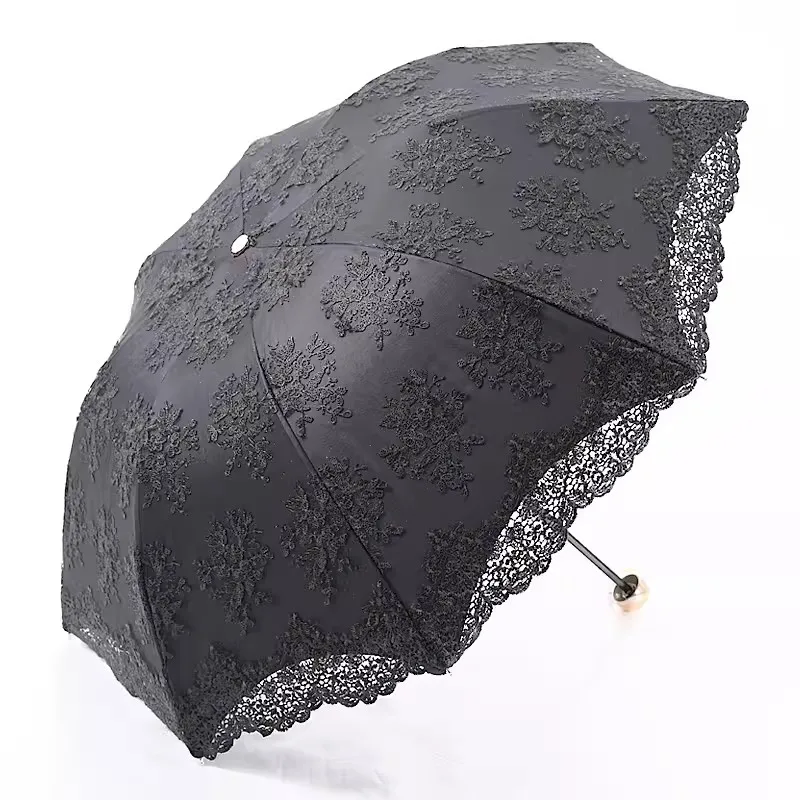 Dentelle ensoleillé pluvieux parapluie femmes crème solaire coupe-vent 3 pliant Protection UV Parasol dame luxe mode Parasol noir cadeaux