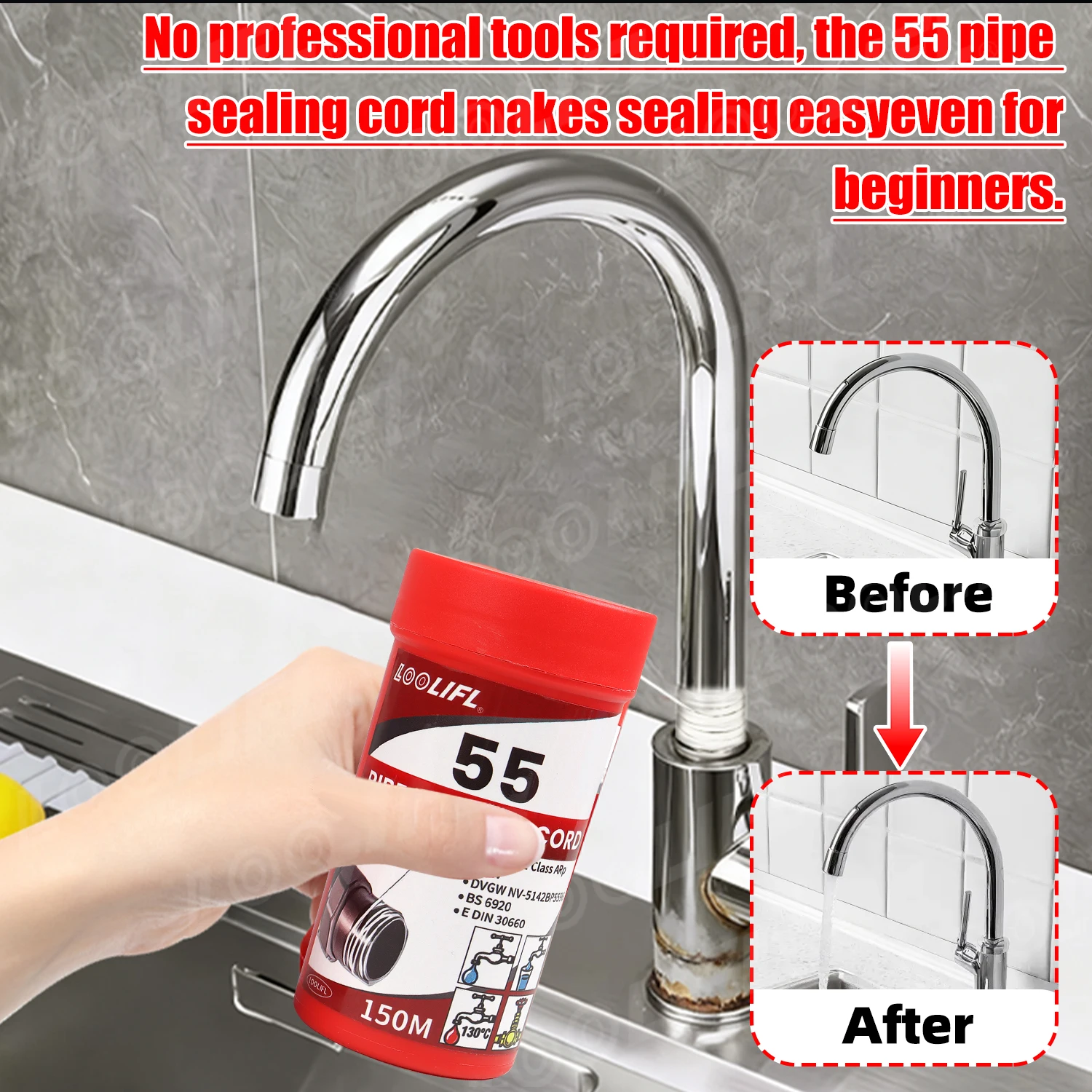 55Professional Pipe Sealing Cord LOOLIFL Thread Seal Tape Alternative for Hot/Cold Water,Gas Pipeline ,Plumbing Sealing Solution