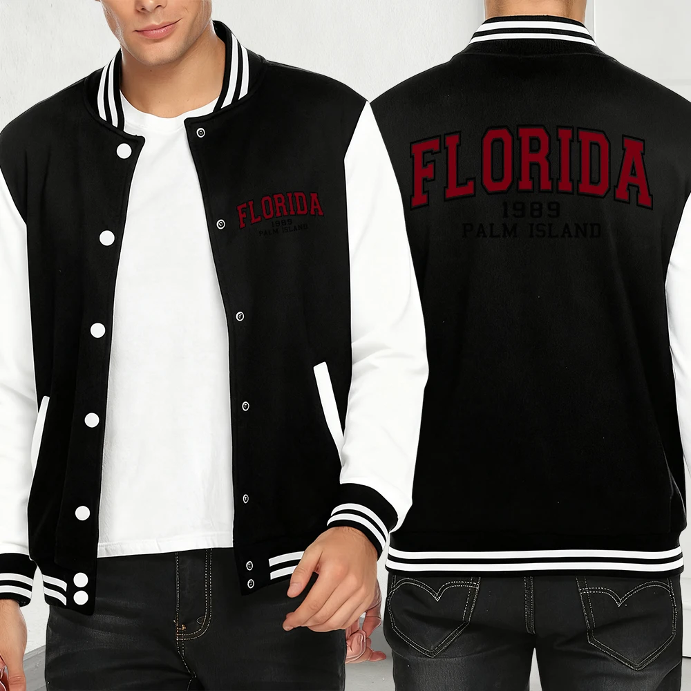 

Florida 1989 Palm Island Print Men Y2K Menswear Street Clothes Casual Fashion Jacket Fleece Multicolor American Streetwear
