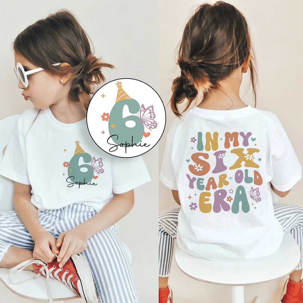 Personalised Girls Birthday Shirt Custom Name Kids 1-9 Year Birthday Party Outfit Child Short Sleeve T-shirt Girl Retro Tee Tops