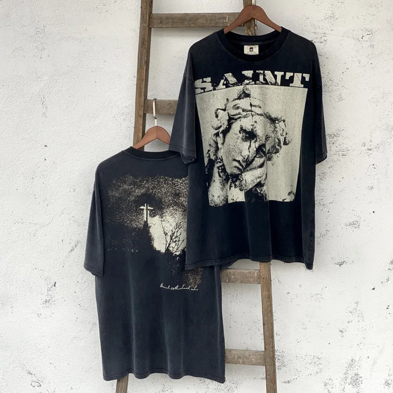 24ss High Street Saint Vintage Washed Graphic T Shirts Men's Clothing Casual Oversized T-shirt Streetwear Tees Crop Top