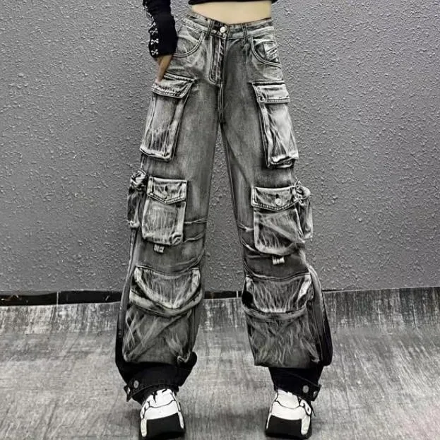 American Spice Girl Heavy Industry High Street Multi-Pocket Wide Leg Hip Hop Jeans Y2K High Waist Baggy Straight Pants Tide