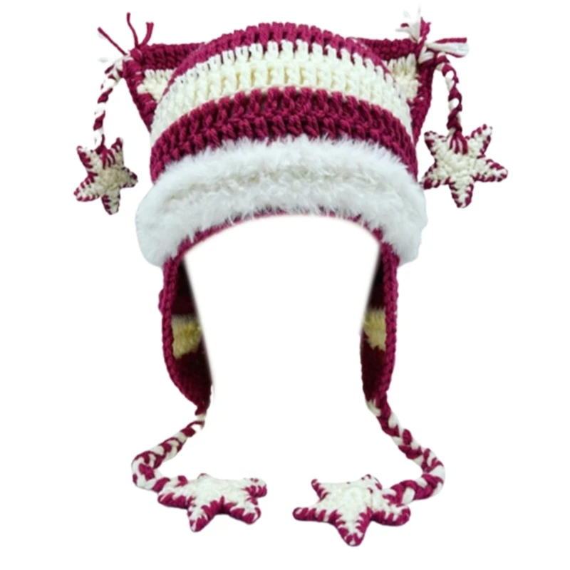 Striped Beanie Hat for Women Girls Ear Knit Hat Lovely Anime Skull Hat Y2K Star Crochet Bonnet Hat Punk Headdress Dropshipping