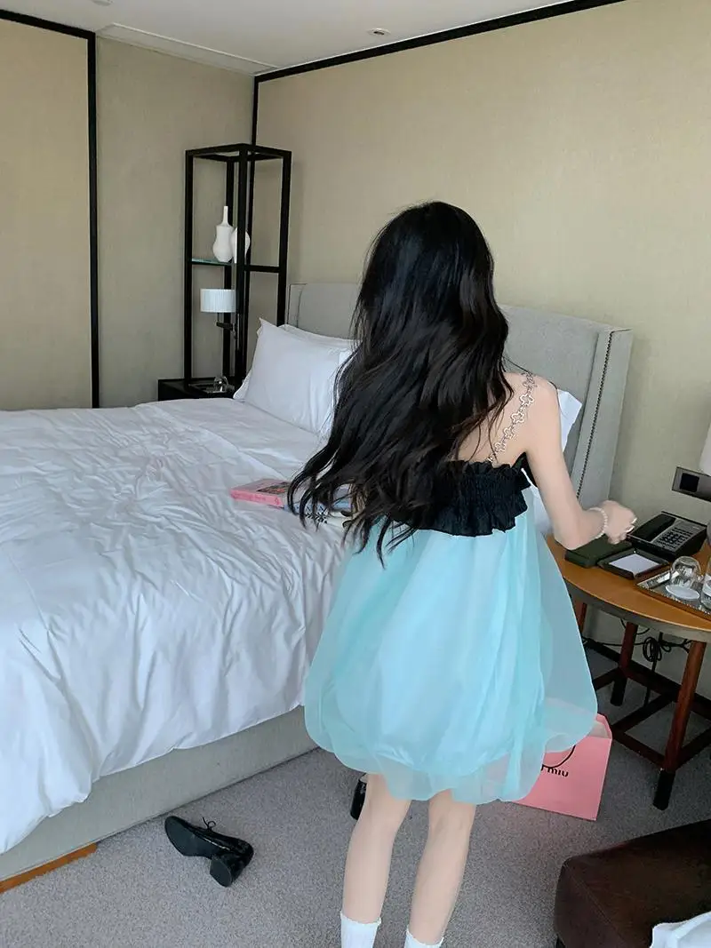 Korean Womne Sweet Splice Chain Blue Suspended Dress Women Summer New Color Contrast Bowknot Mesh Stitching Short Dresses