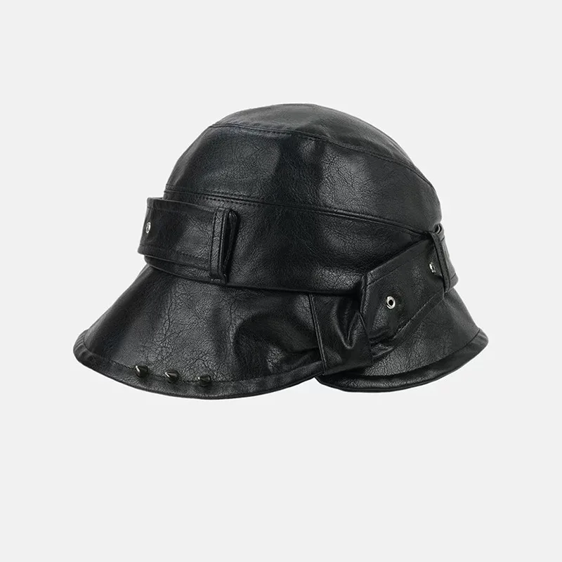 

Retro Punk Style Metal Rivet PU Leather y2k Bucket Hat for Men Women 2025 Brand Designer Trendy Cool Street Fisherman Cap