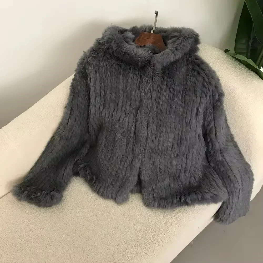 

Rabbit Fur Women's Coat Autumn and Winter New Encrypted Thickened Hand-woven Double-sided Hooded Korean Short Fur Coat for Women