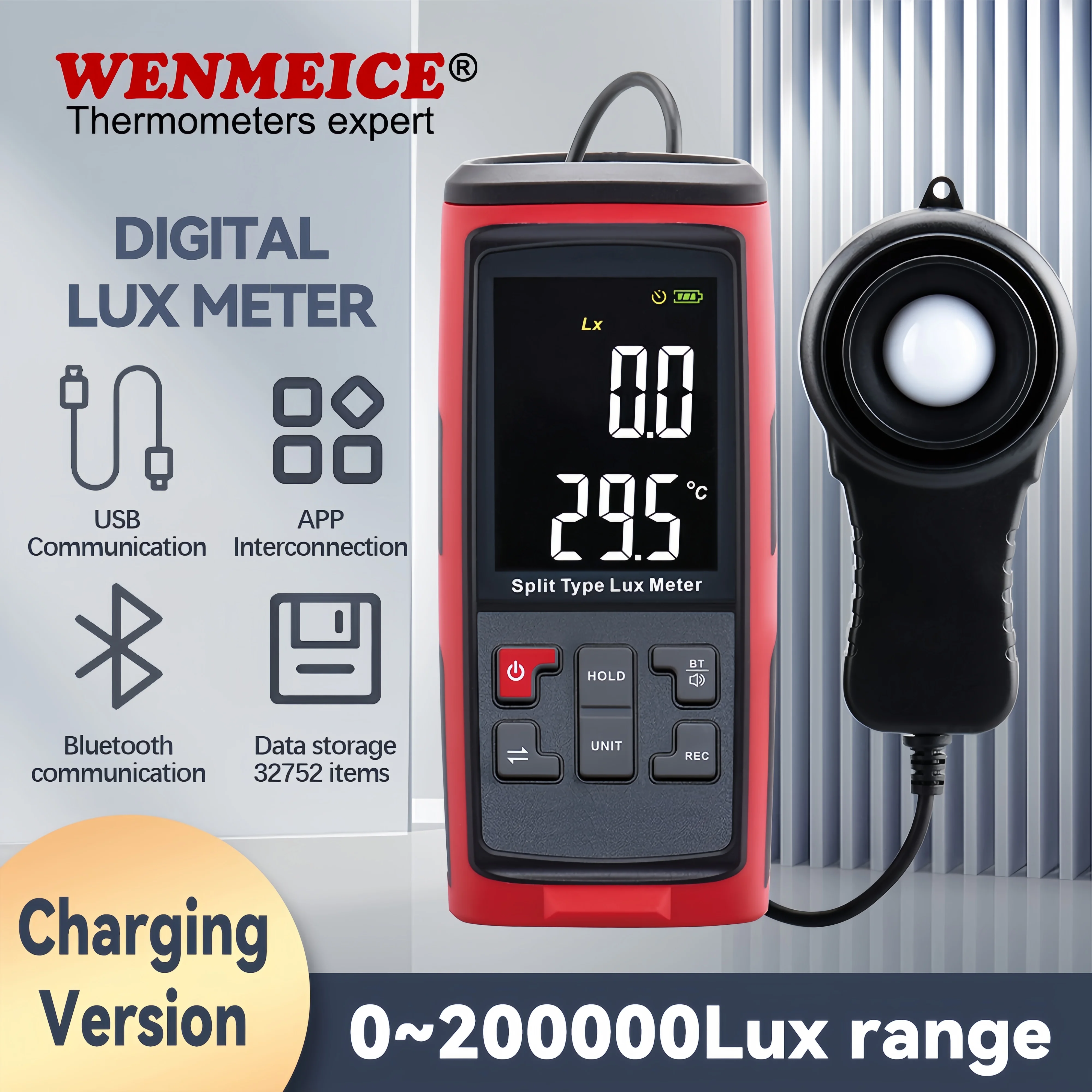 WENMEICE Handheld Digital Lux Meter 0-200000 Lux Luminance Tester Photometer Photography Luxmeter Detachable Probe Light Tester