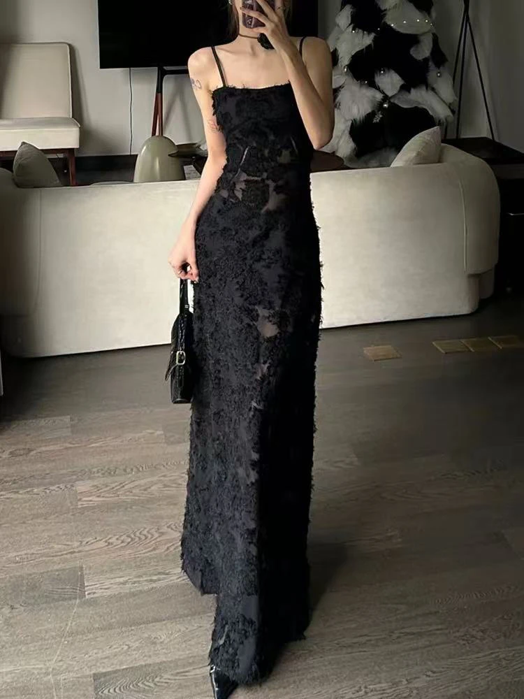 Czarna koronkowa sukienka na ramiączkach Y2K dla kobiet, letnia moda, sukienka codzienna na cienkich ramiączkach, seksowna sukienka bez pleców, prześwitująca długa sukienka Vestidos Mujer