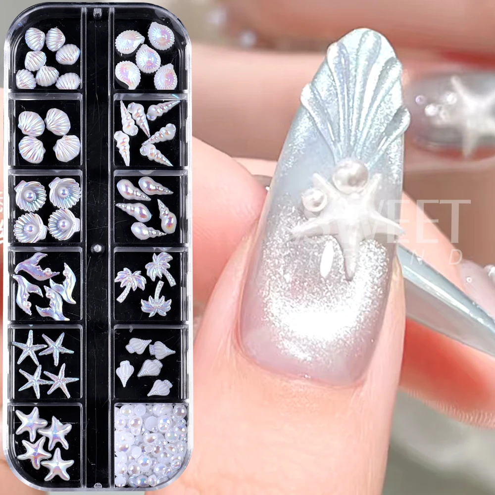 SWEET TREND-12 Grids 3D Ocean Nail Art Charms Aurora Conch Shells Starfish Mermaid Tail Accessory Manicure Decorations Supplies