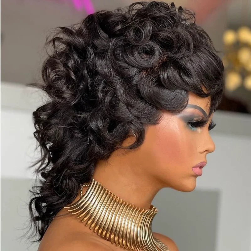 

Deep Wave Wig Short Pixie Cut Wig With Bangs Brazilian Remy Loose Wave Human Hair Full Machine Made No Lace Wigs For Black Women