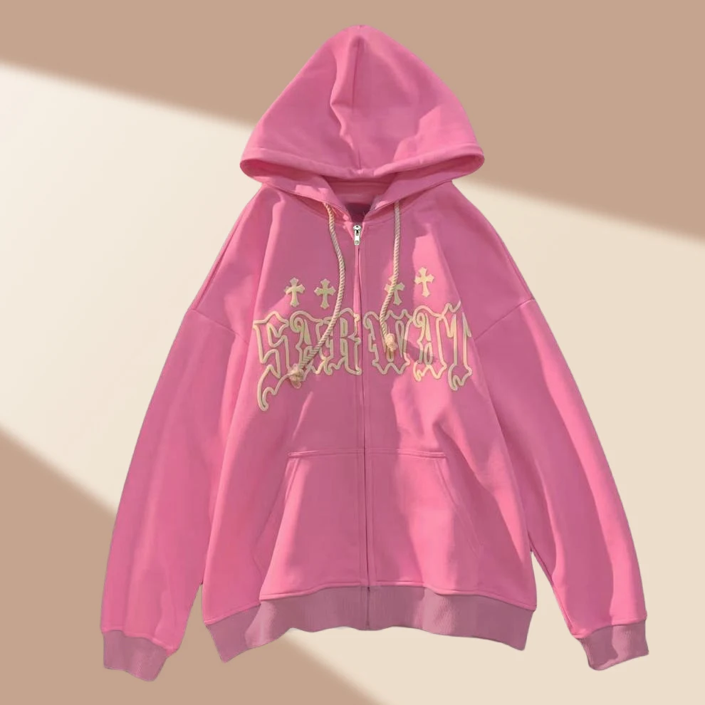 Unisex European American Style Letter Print Hooded Jacket with Pockets Zipper Closure Loose Casual Hoodie Top for Men Women