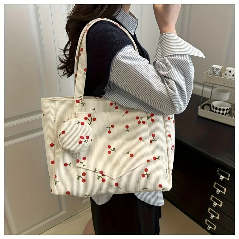 

2Pcs【Tote Bag + Small Round Bag】Cherry-Embellished Large-Capacity Tote Bag for Women, Made of Corduroy Velvet Material, a Must-Have for Autumn and Winter, a Fashionable and Creative Shoulder Bag for Women, a Must-Have Large-Capacity Tote Bag for Outings, 