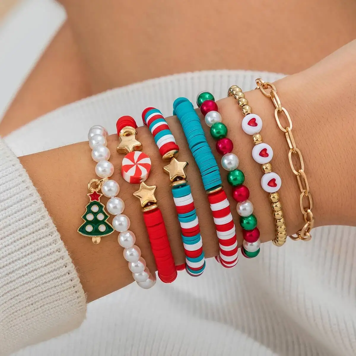 Salircon 7 Teile/satz Nette Weihnachten Serie Schneeflocke Baum Anhänger Armband Frauen Imitation Perle Faden Seil Armband Schmuck Geschenk