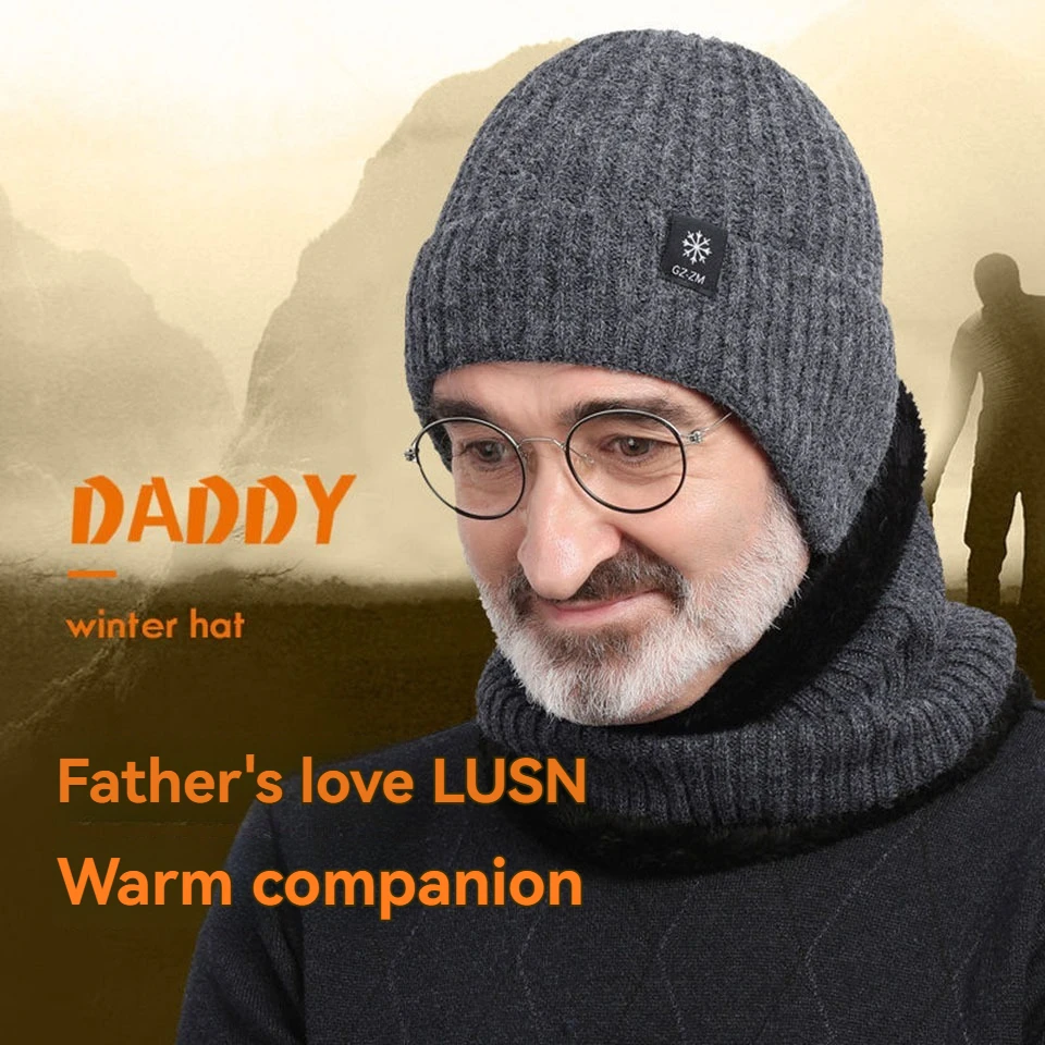 KoKossi Winter Men's Middle Aged  Elderly People's Knitted Warm Hats Windproof Ear Protection Thickened Wool Cap Coldproof
