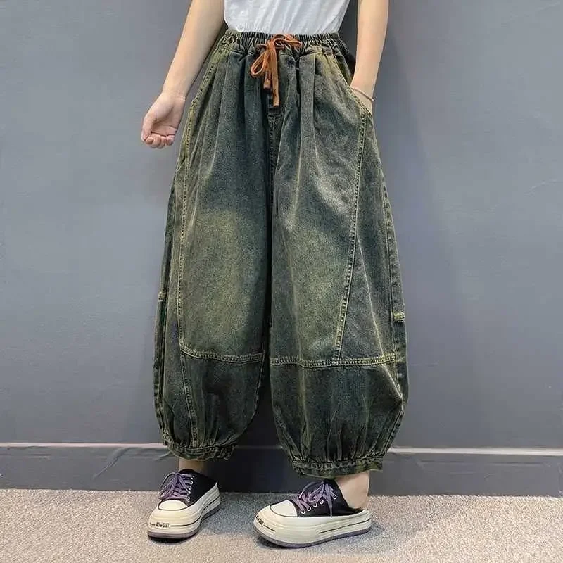 Women's Spring Autumn Oversized Jeans Cowboy Pants Wide Leg Elastic Waist Doing Old Big Size Vintage Loose Casual Soft Versatile