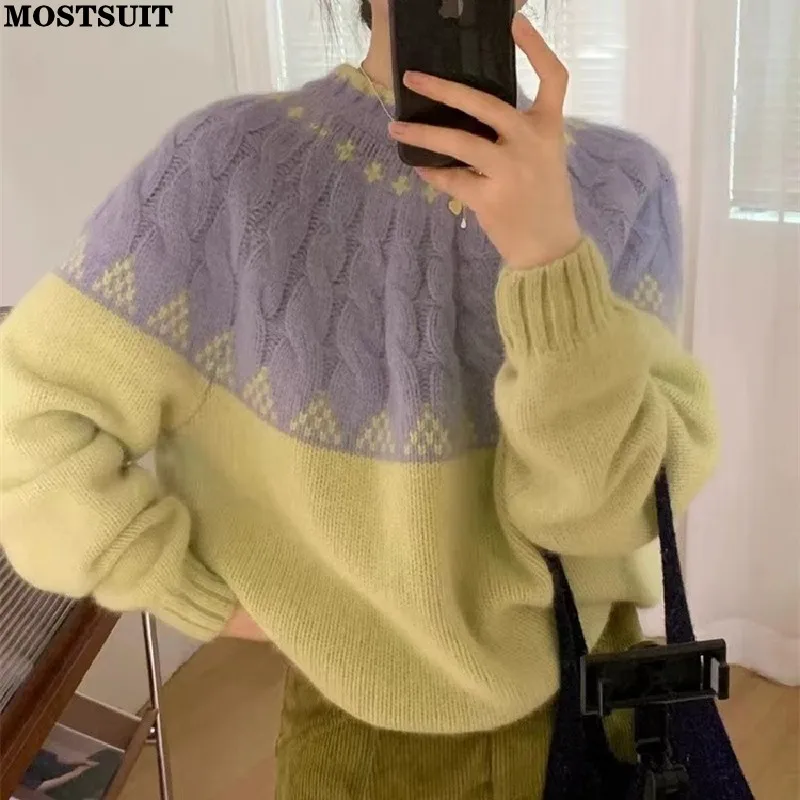 

2024 Spring Korean Sweater Knitwear Women Color-blocked Elegant Fashion Loose Knit Pullover Tops Long Sleeve O-neck Jumper Femme