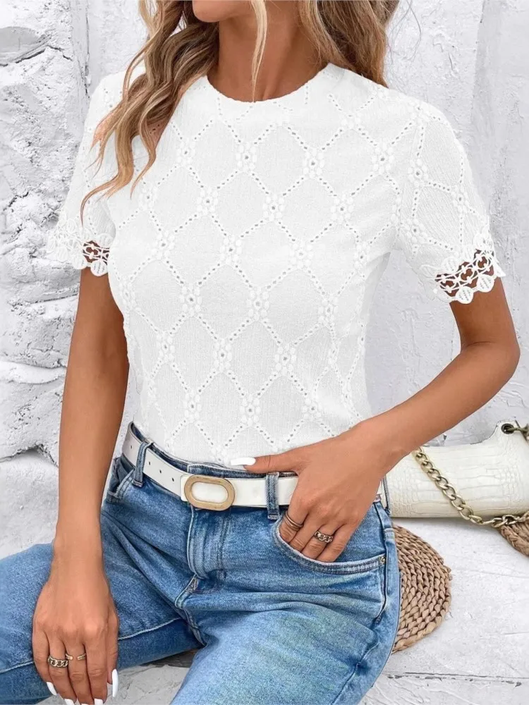 

New Summer Hollow Top O Neck Lace Casual Shirt Fashion Elegant Office Holiday Party Womens Tops And Blouses Women Clothes