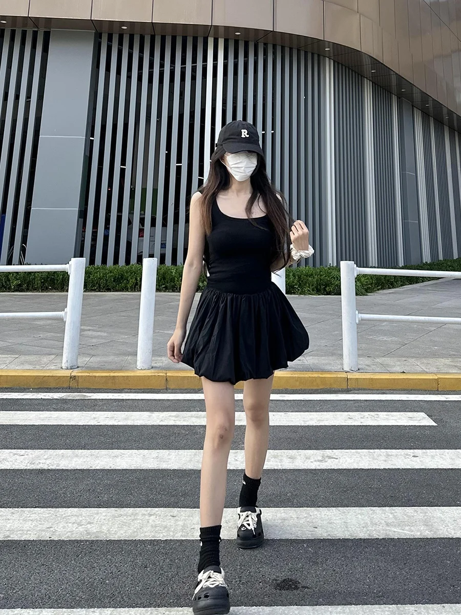 

Ev Dark Series Square Collar Waist Cinched Puffy Short Skirt Elastic Splice Vest Dress Small Evening Gown Cotton Blend Summer...