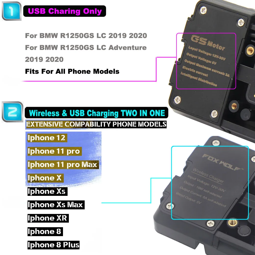 Cargador de soporte para teléfono móvil con navegación GPS USB, carga inalámbrica para motocicleta, para BMW R1200GS R1250GS F700GS F800GS F750GS