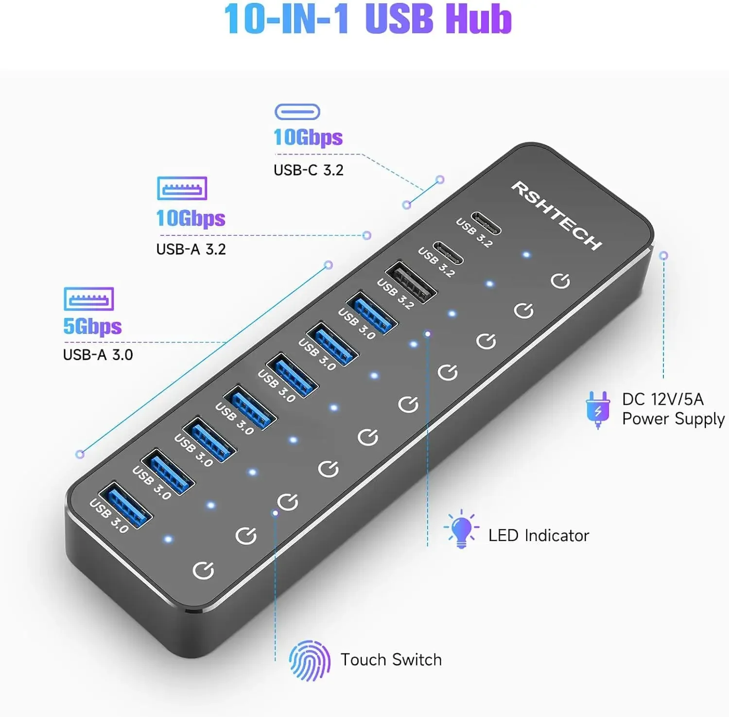 USB-концентратор RSHTECH, 10 портов, 60 Вт, 10 Гбит/с