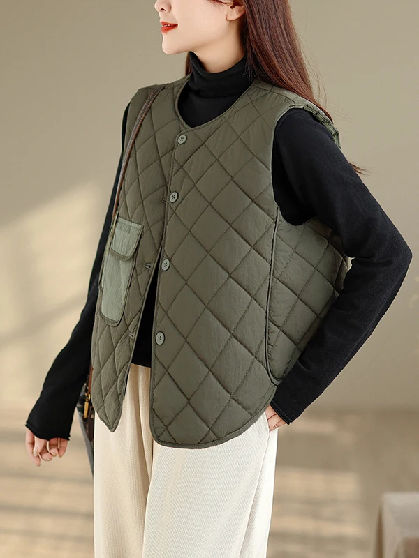 Dames casual lichtgewicht donskatoenen vest Svel jas verdikte polyestervezel ronde Ne enkele knoopsluiting