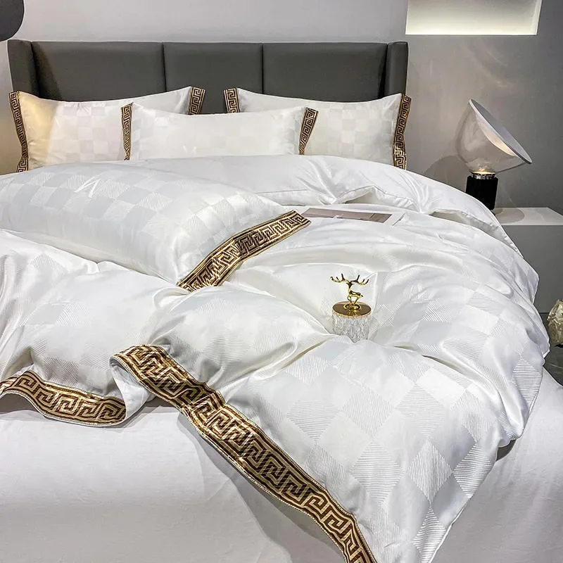 

4Pcs Sateen Cotton Duvet Cover Set Luxury White Gray Silky Bedding set Gold Embroidery Comforter Cover Bed Sheet 2 Pillowcases