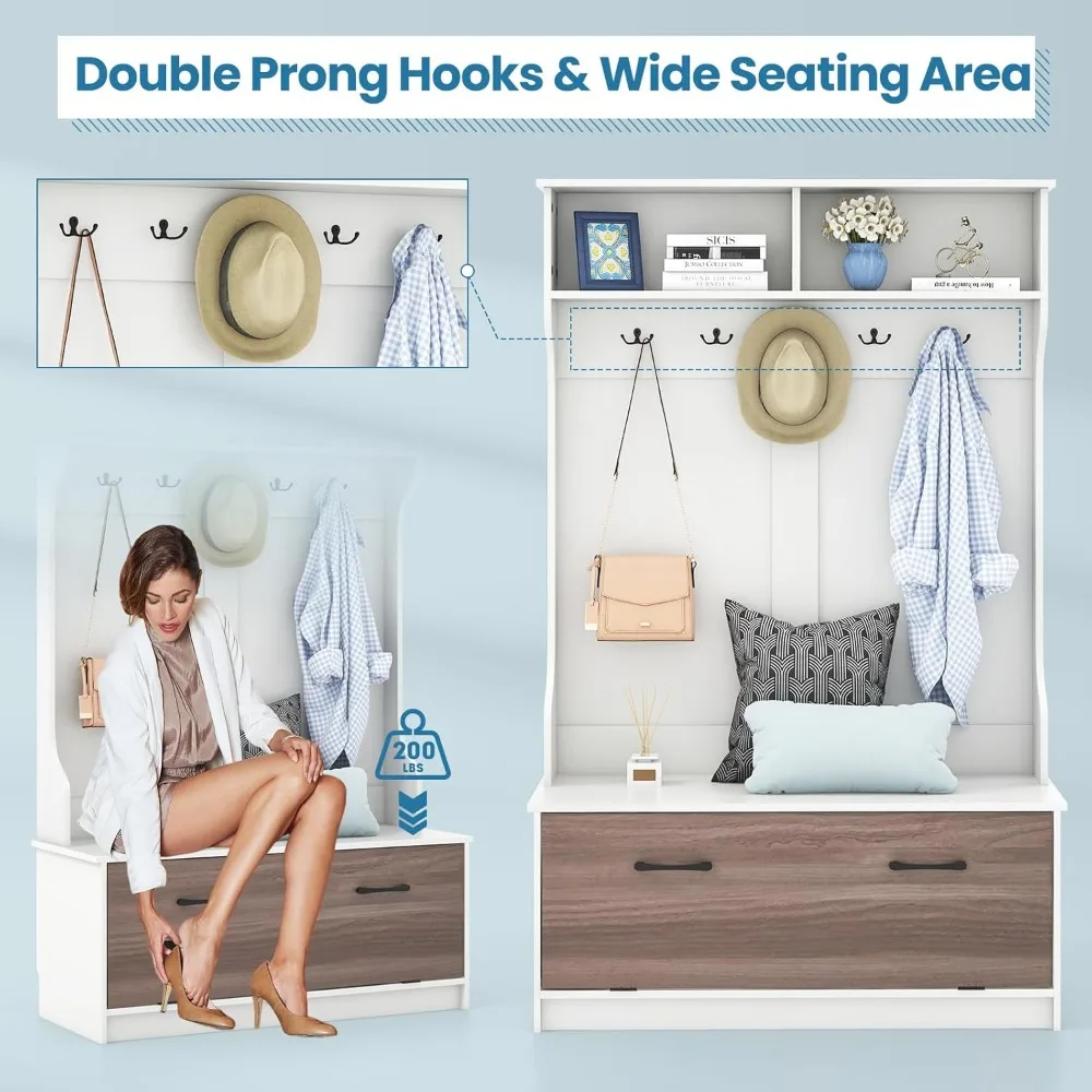 Multifunctional Entryway Coat Rack with Storage Bench and 5 Hooks, Freestanding Wooden Hall Tree for Home